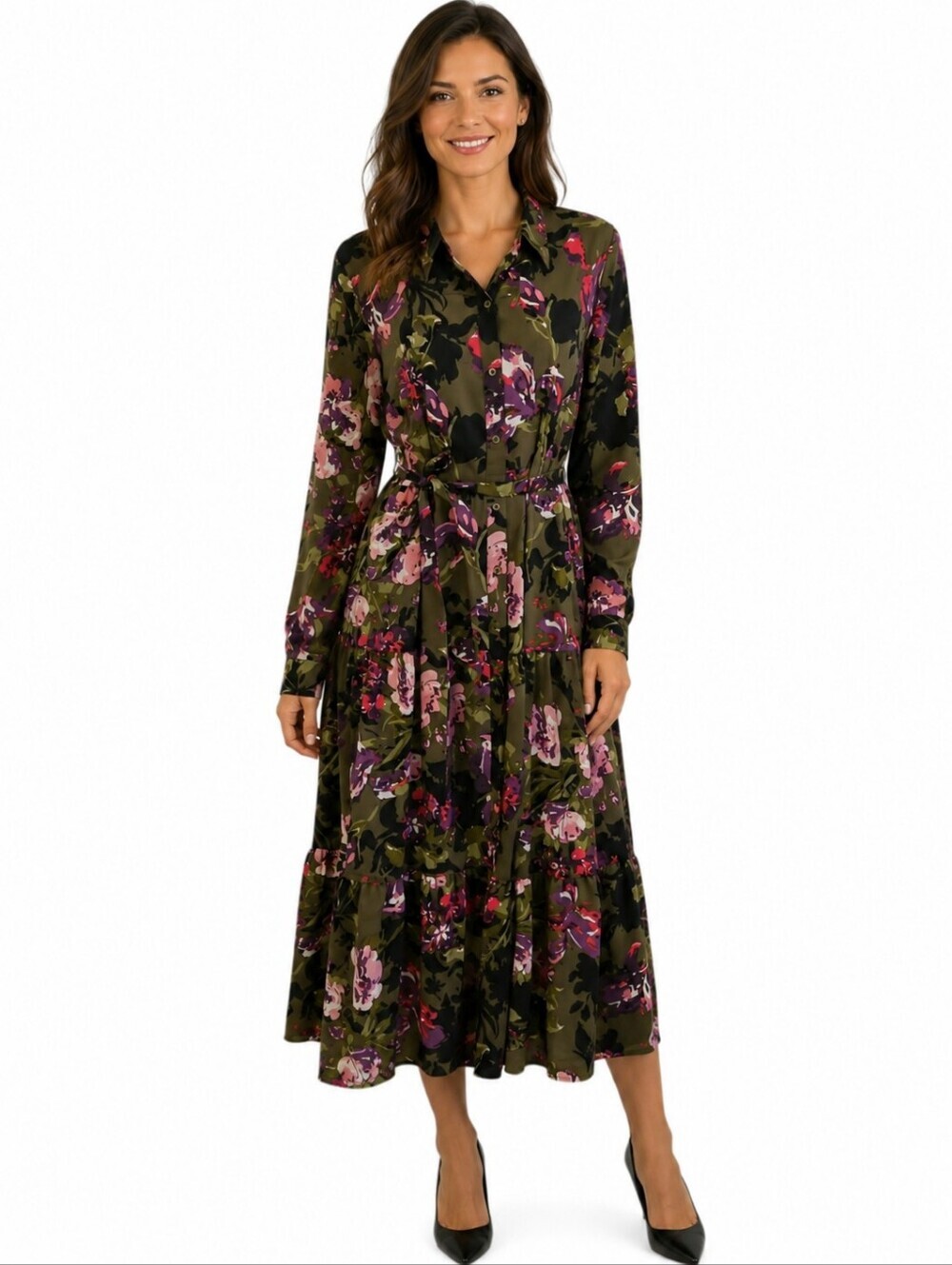 G By GIULIANA Olive and Pink Floral Tiered Long-Sleeve Midi Shirt Dress